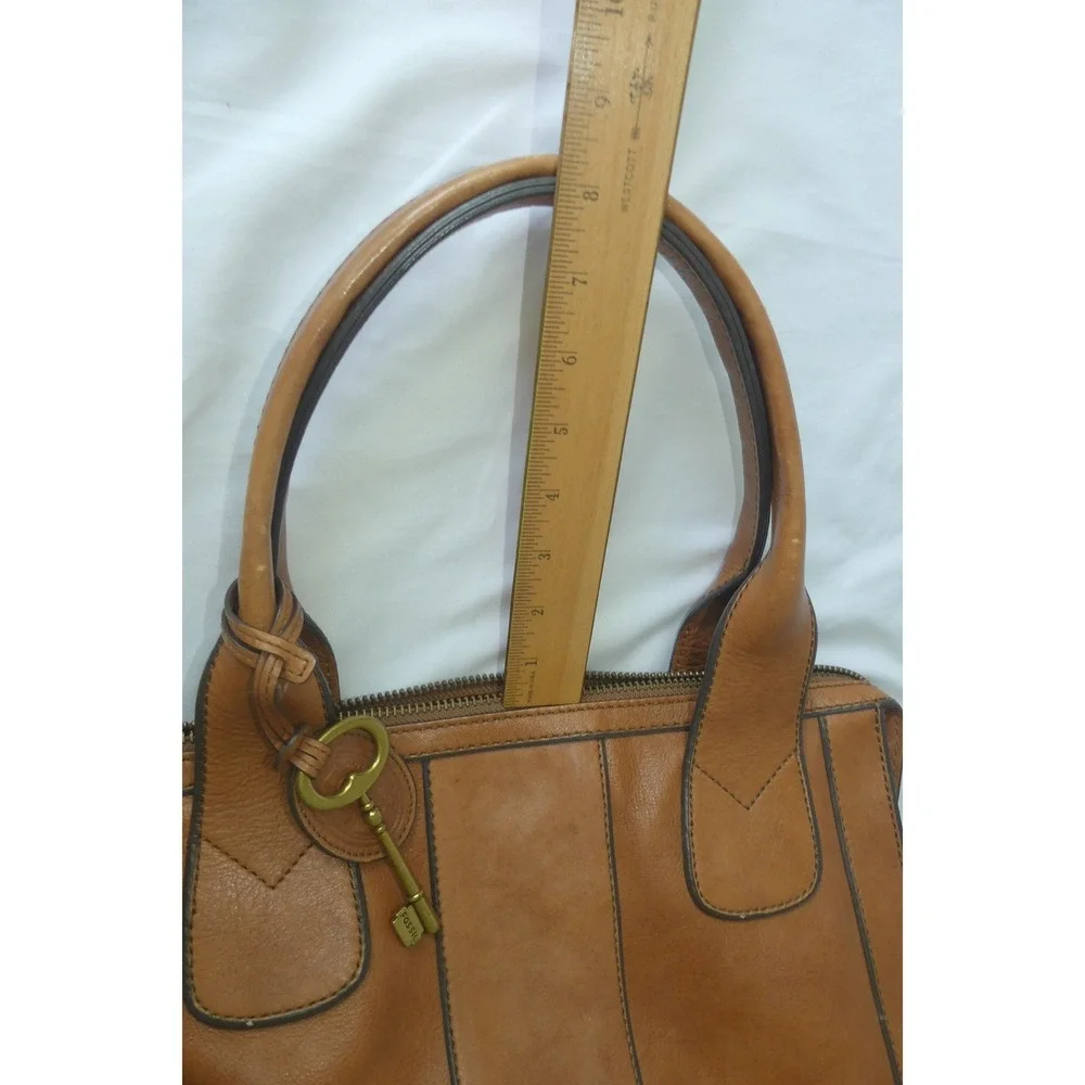 Vintage Fossil Cognac Leather Satchel Reissue Handbag Brass Key Charm Keyhole